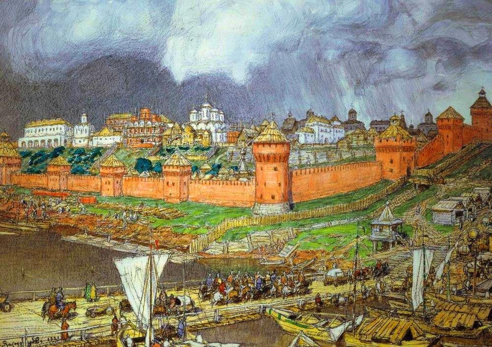 Кремль в конце 15-го века. Первоначально башни не имели шатров.