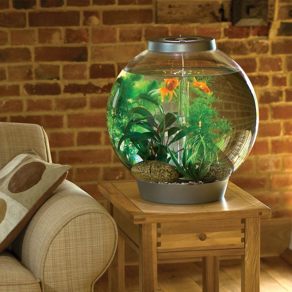 Круглый аквариум стильно смотрится в интерьере
